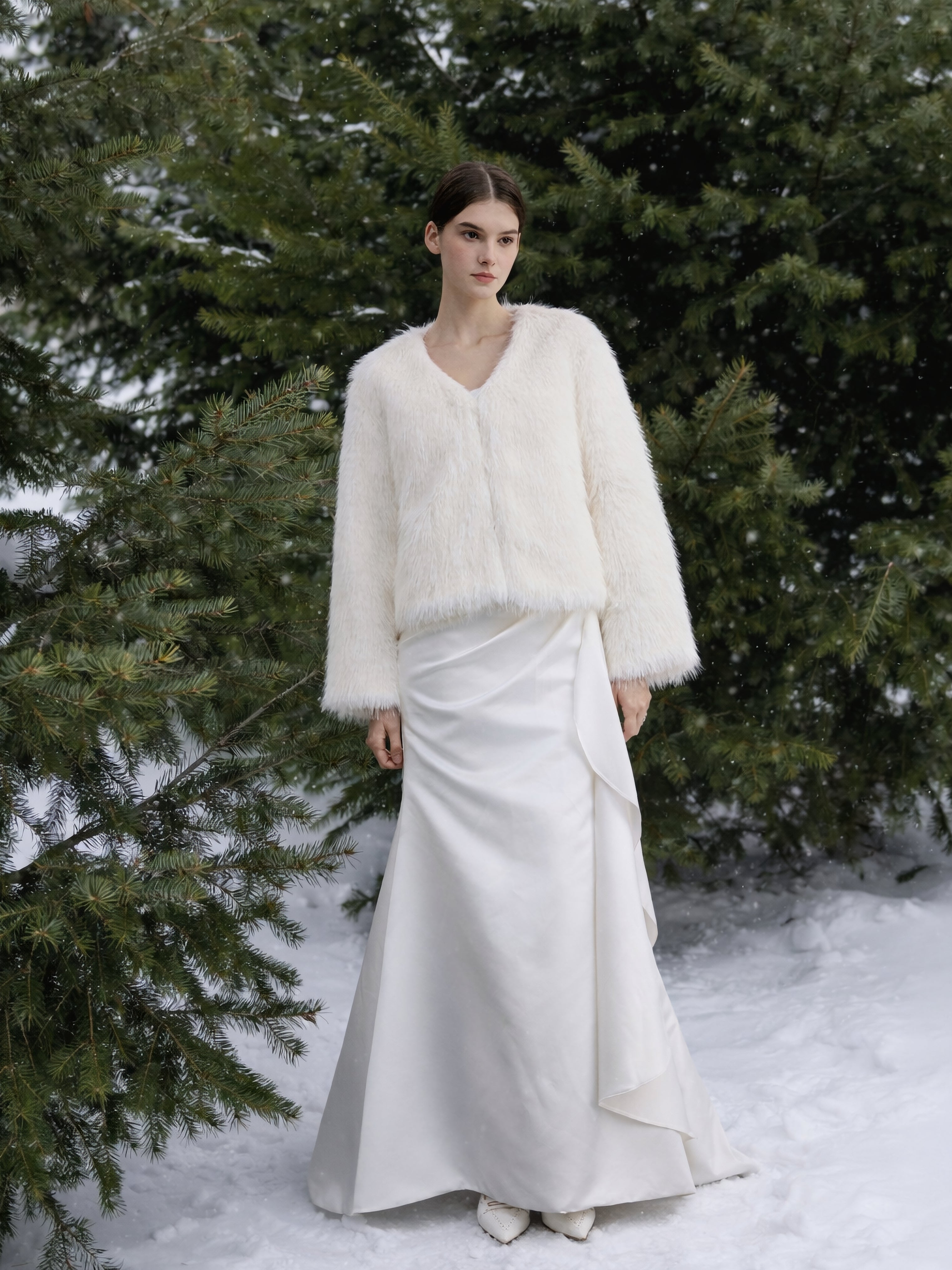 White Faux Fur Long Sleeves Jacket