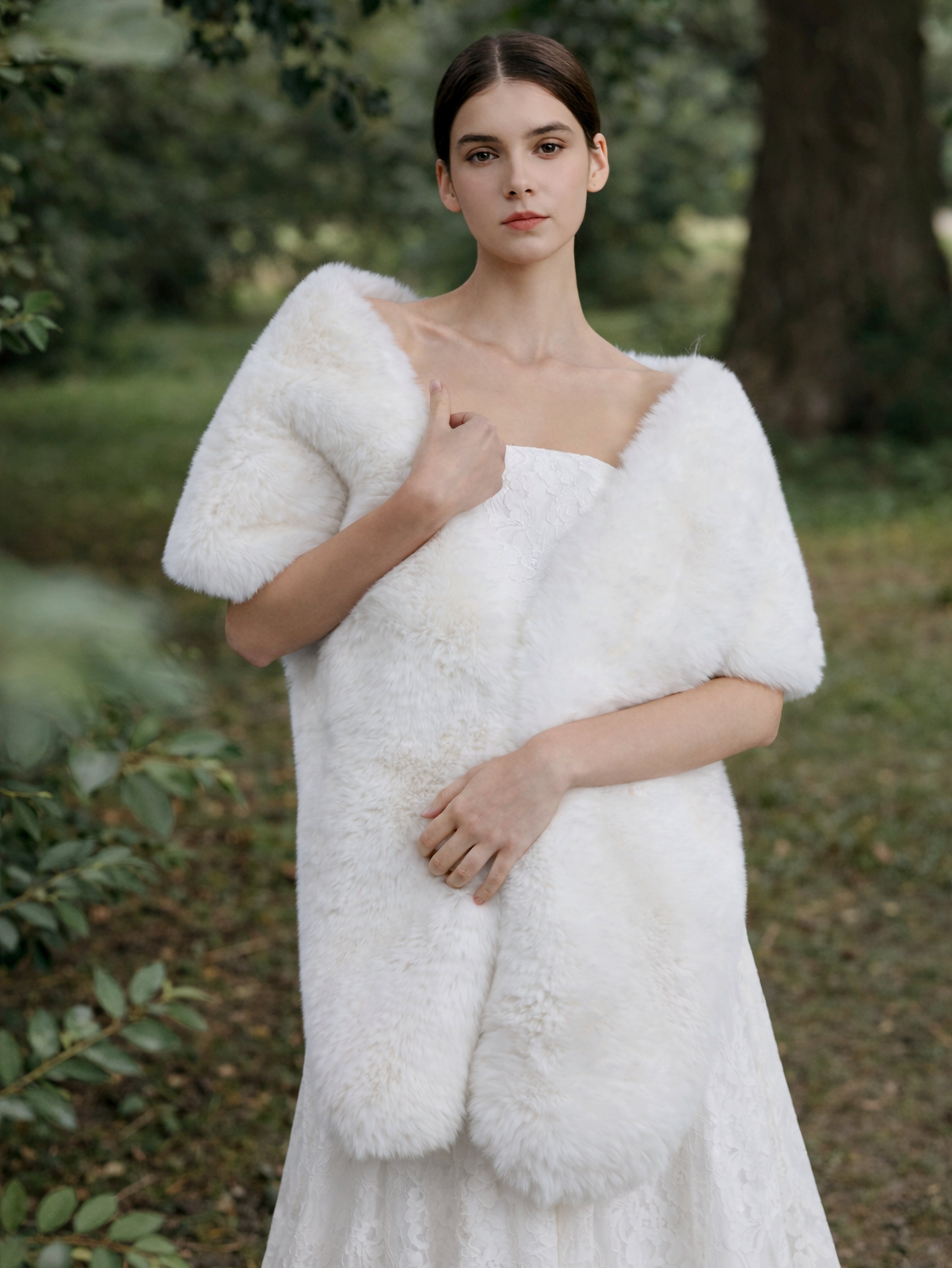 Detail of soft ivory white faux fur bridal shawl worn by bride for outdoor wedding.