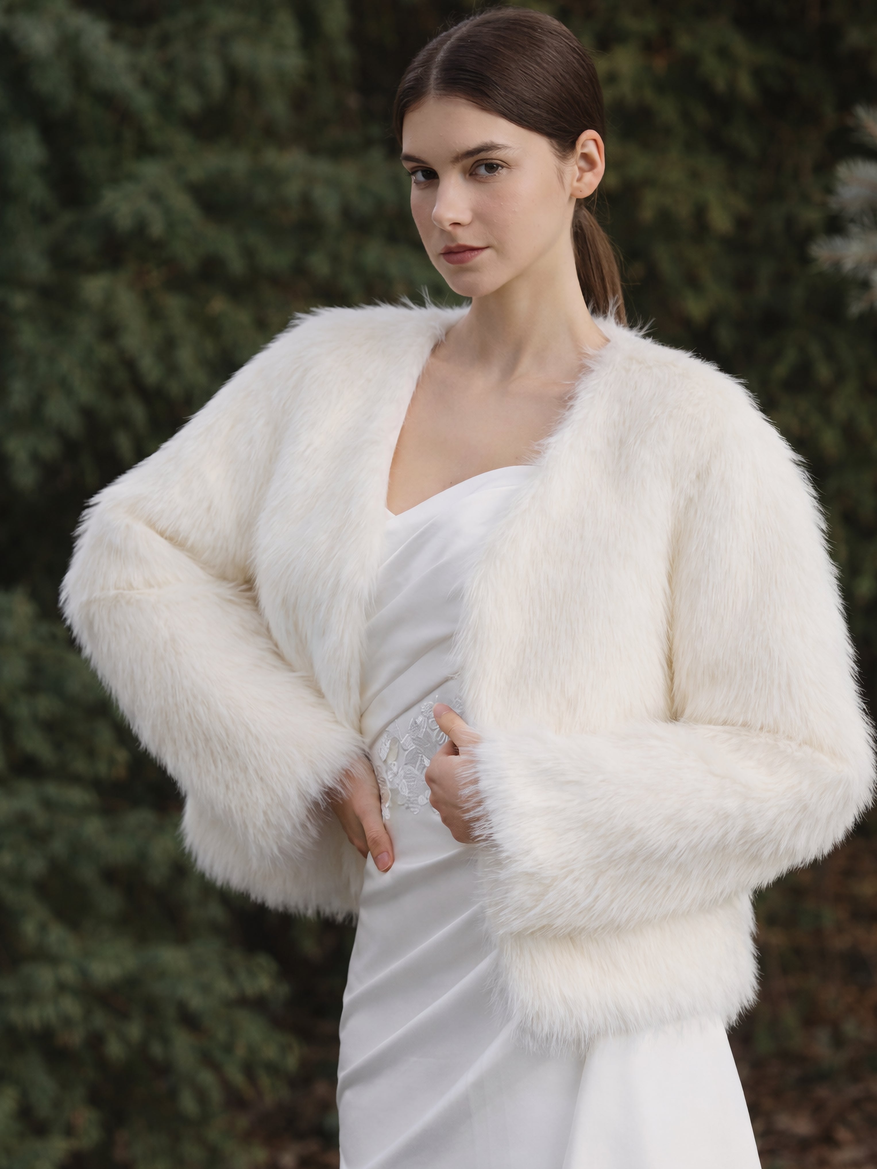 White Faux Fur Long Sleeves Jacket