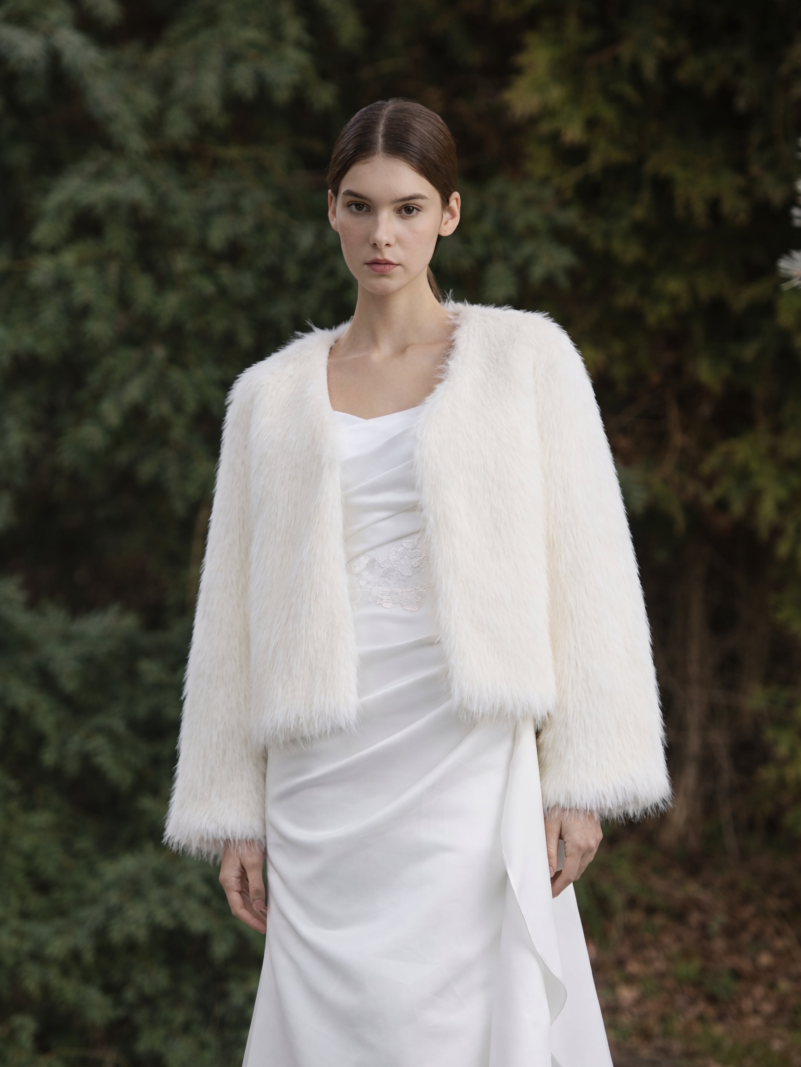 White Faux Fur Long Sleeves Jacket