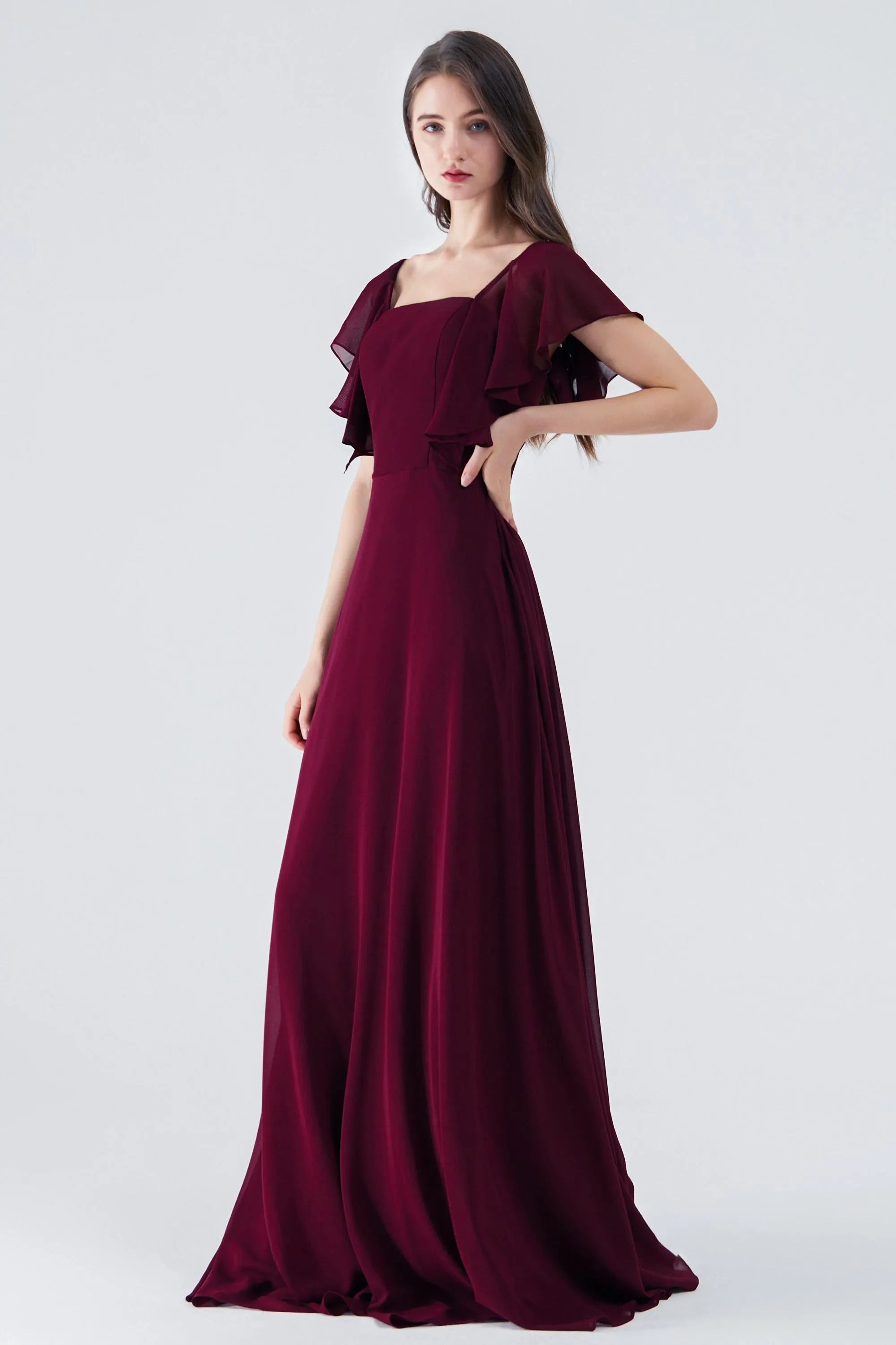 Chiffon Dress with Flowing Flutter Sleeves