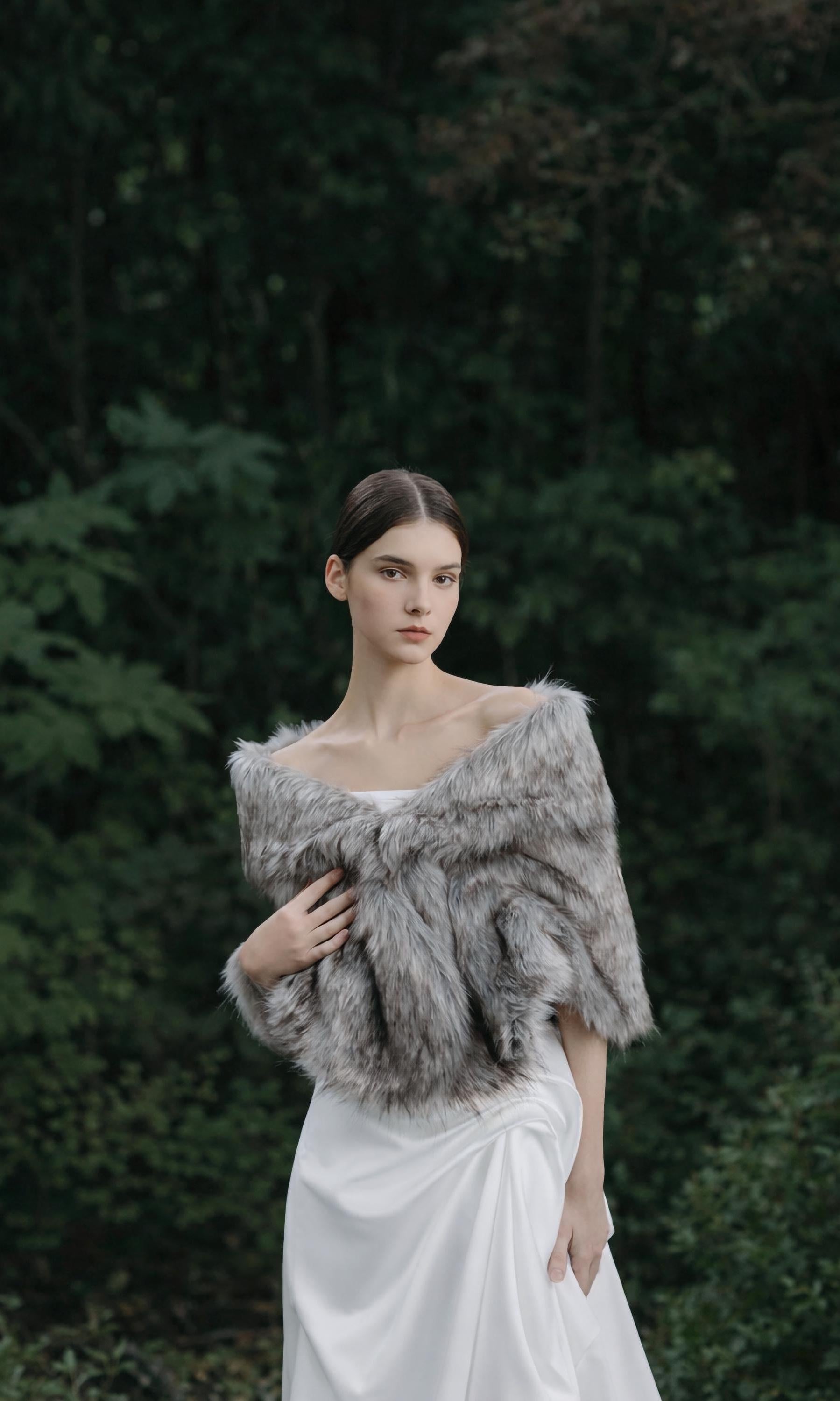 Silver Gray Faux Fur Wedding Wrap